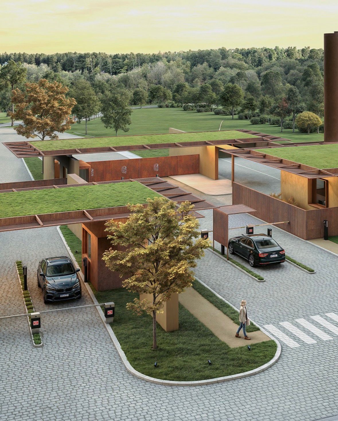 Prévia da portaria de alto padrão do condomínio com arquitetura contemporânea